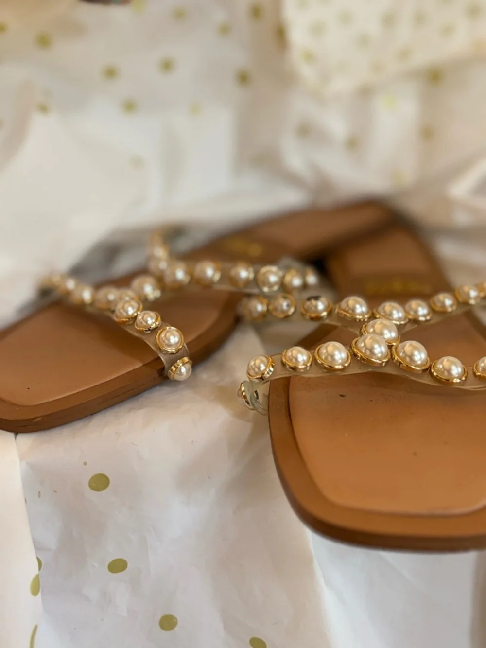 Zara Brown Sandals with Pearl-Trim Straps - Picture 2 of 6